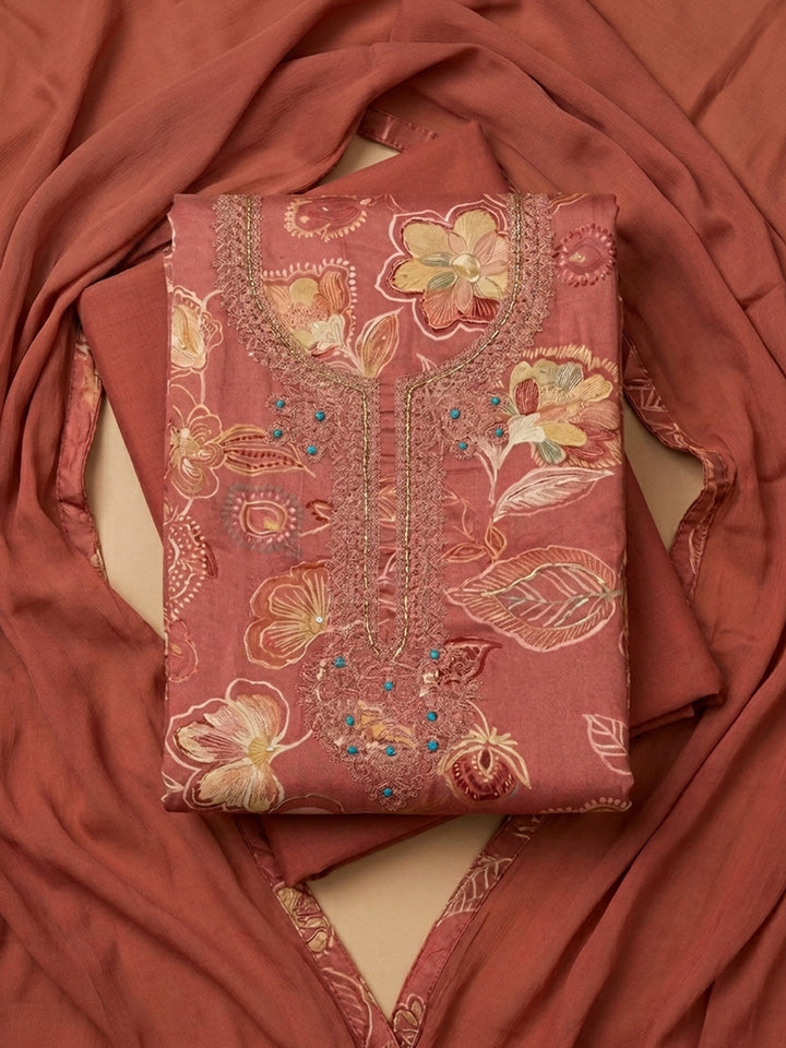 Onion Pink Embroidery Cotton Blend Unstitched Dress Material
