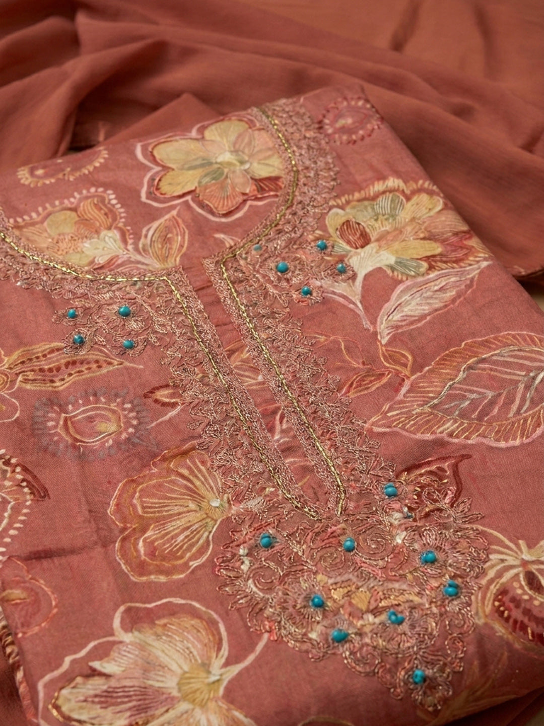 Onion Pink Embroidery Cotton Blend Unstitched Dress Material