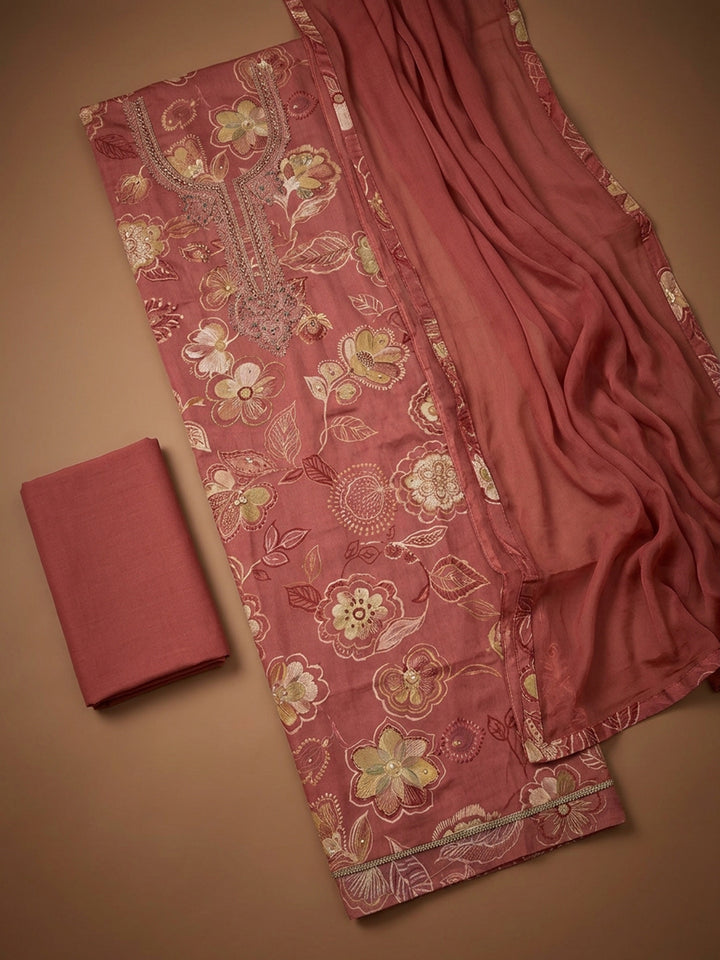 Onion Pink Embroidery Cotton Blend Unstitched Dress Material