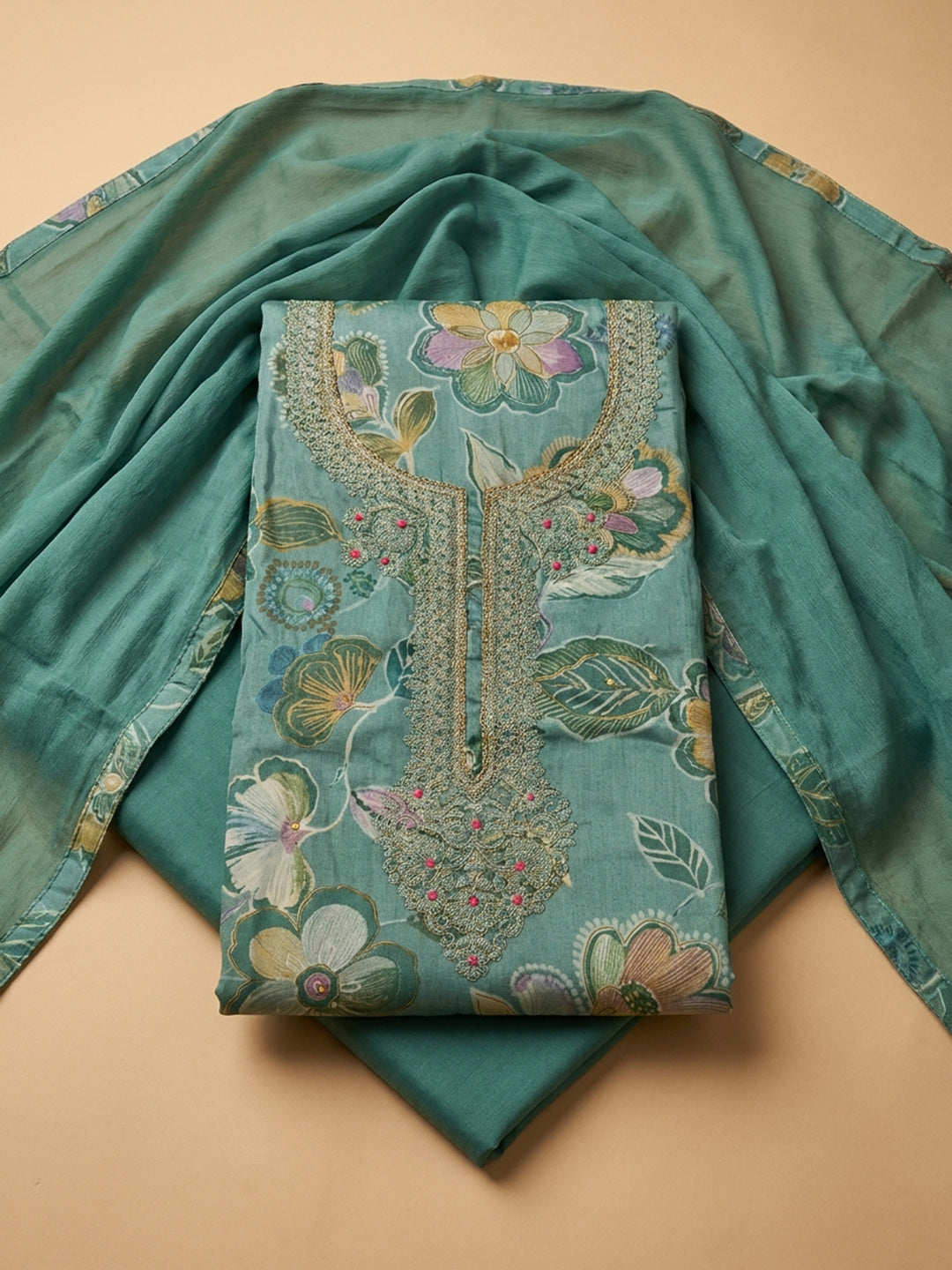 Rama Green Embroidery Cotton Blend Unstitched Dress Material