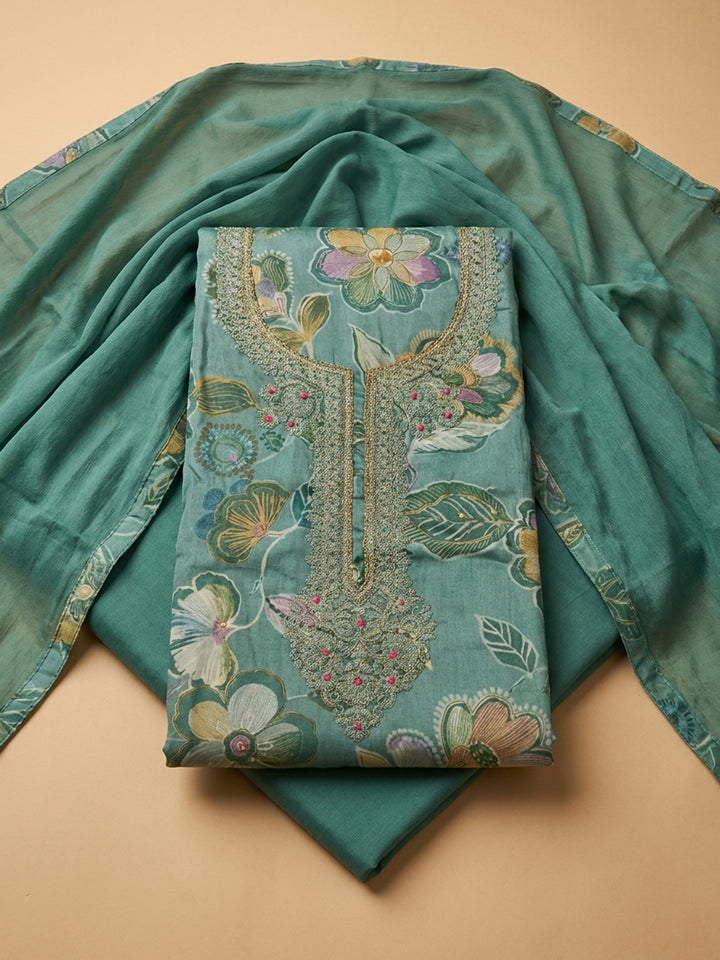 Rama Green Embroidery Cotton Blend Unstitched Dress Material
