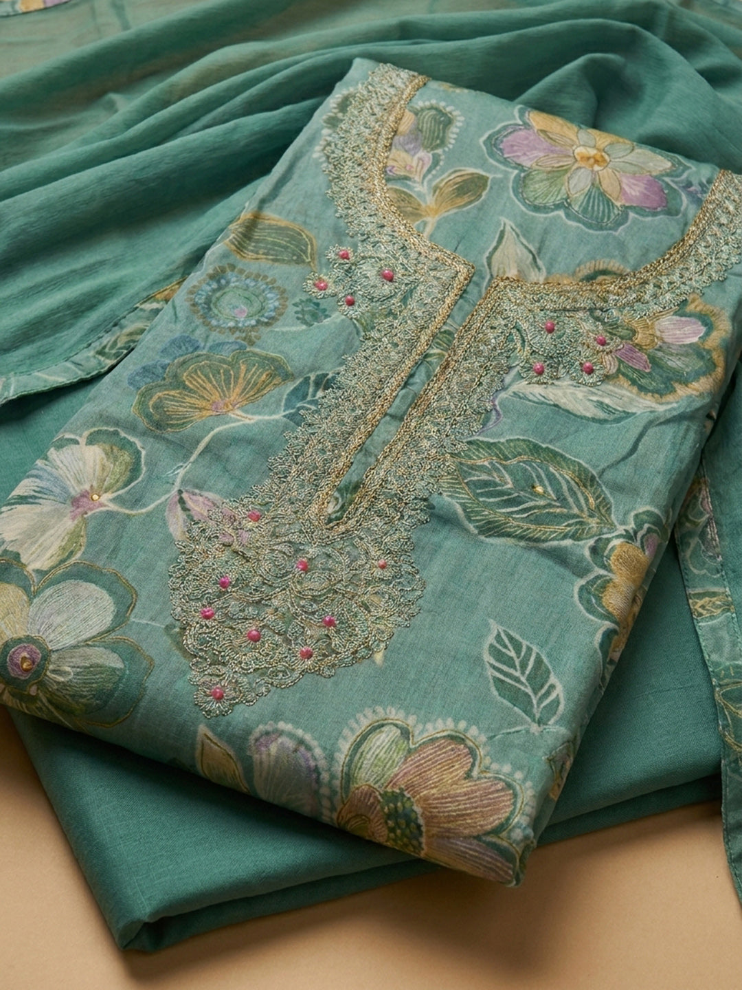 Rama Green Embroidery Cotton Blend Unstitched Dress Material