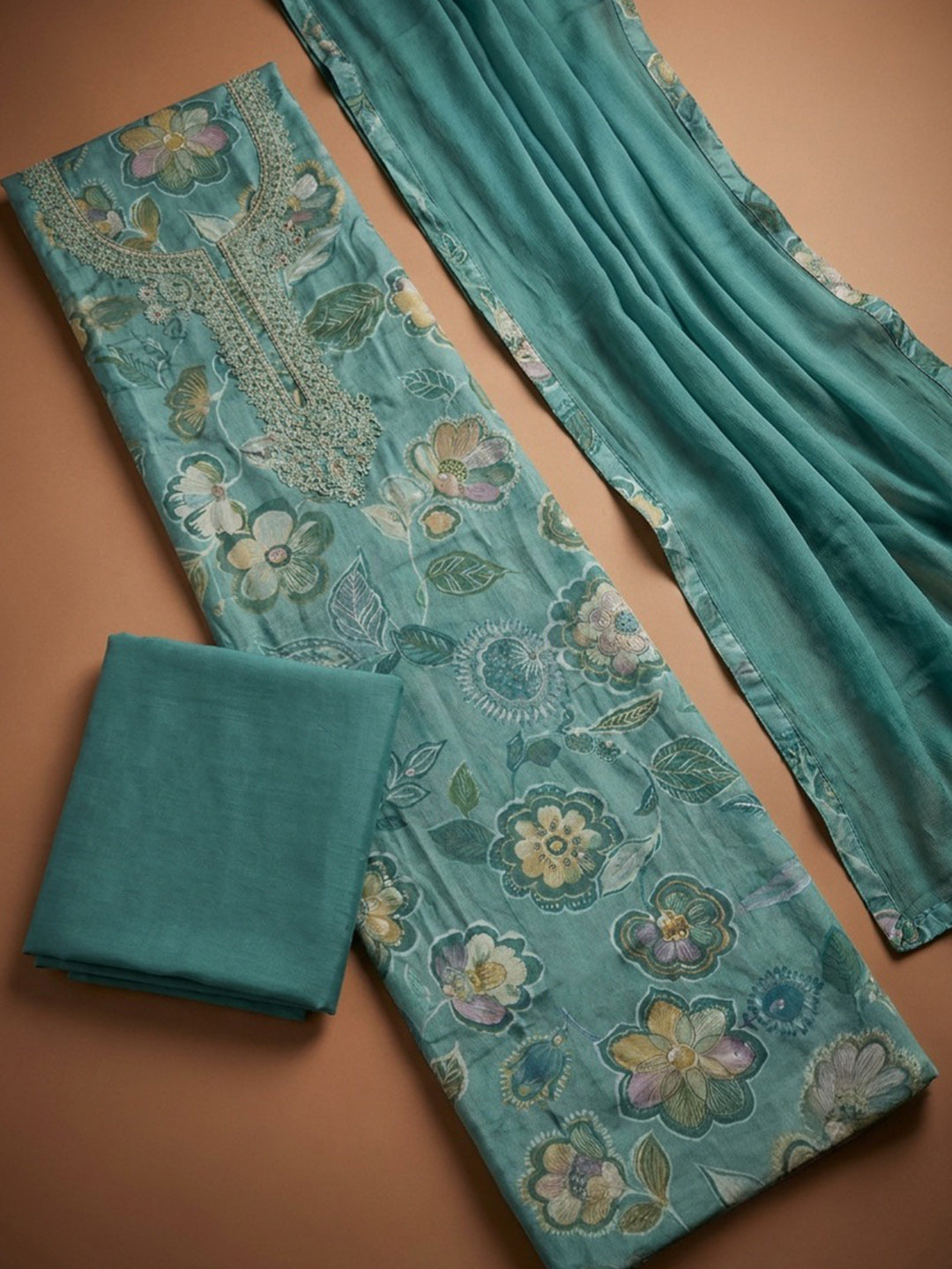 Rama Green Embroidery Cotton Blend Unstitched Dress Material