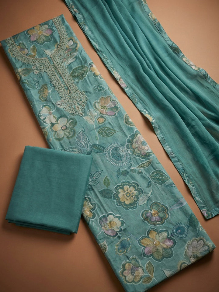 Rama Green Embroidery Cotton Blend Unstitched Dress Material