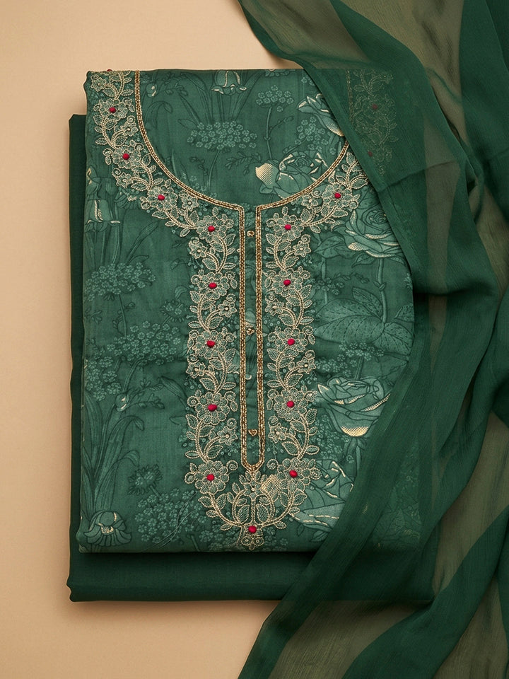 Bottle Green Embroidery Cotton Blend Unstitched Dress Material