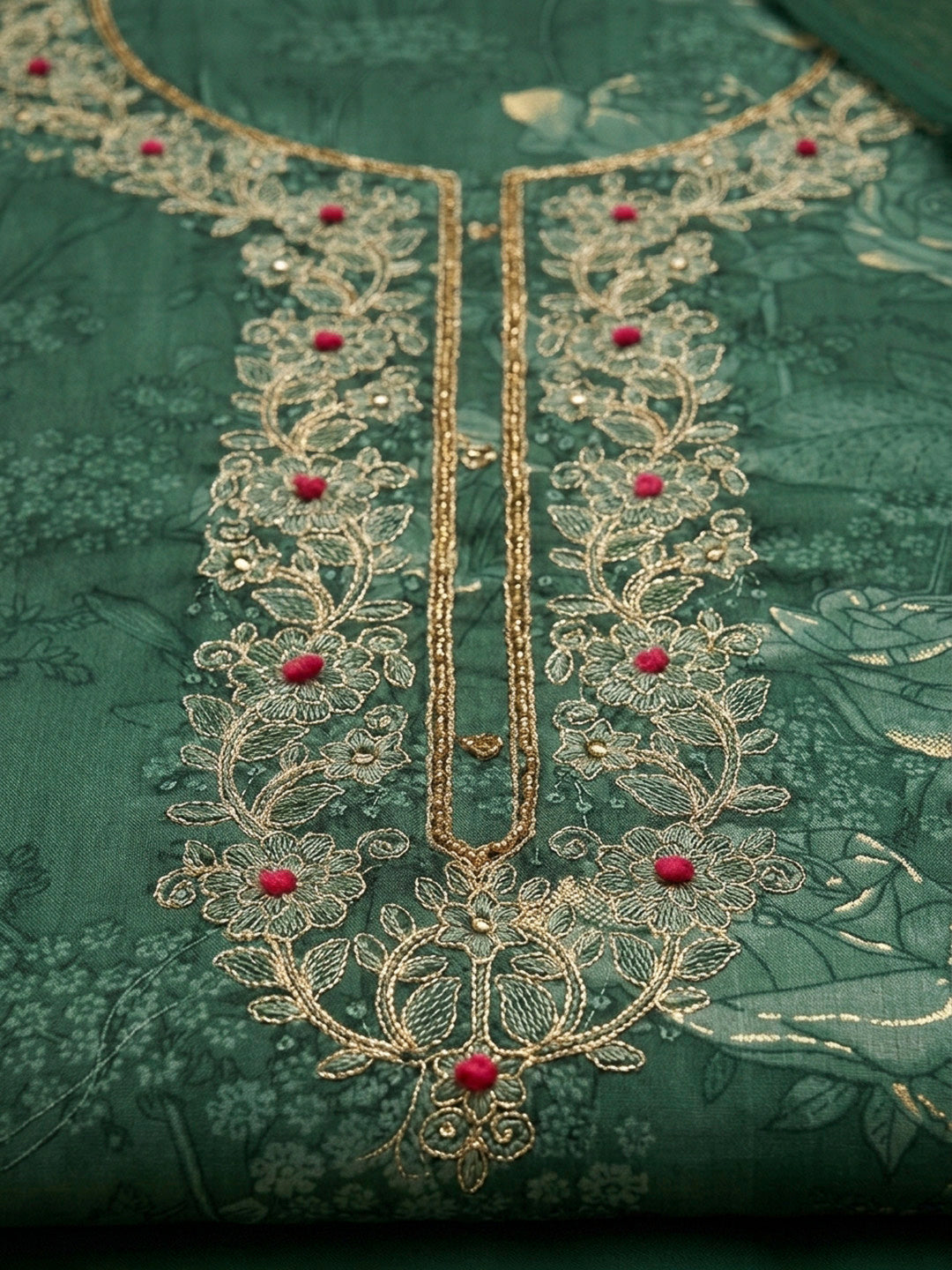 Bottle Green Embroidery Cotton Blend Unstitched Dress Material