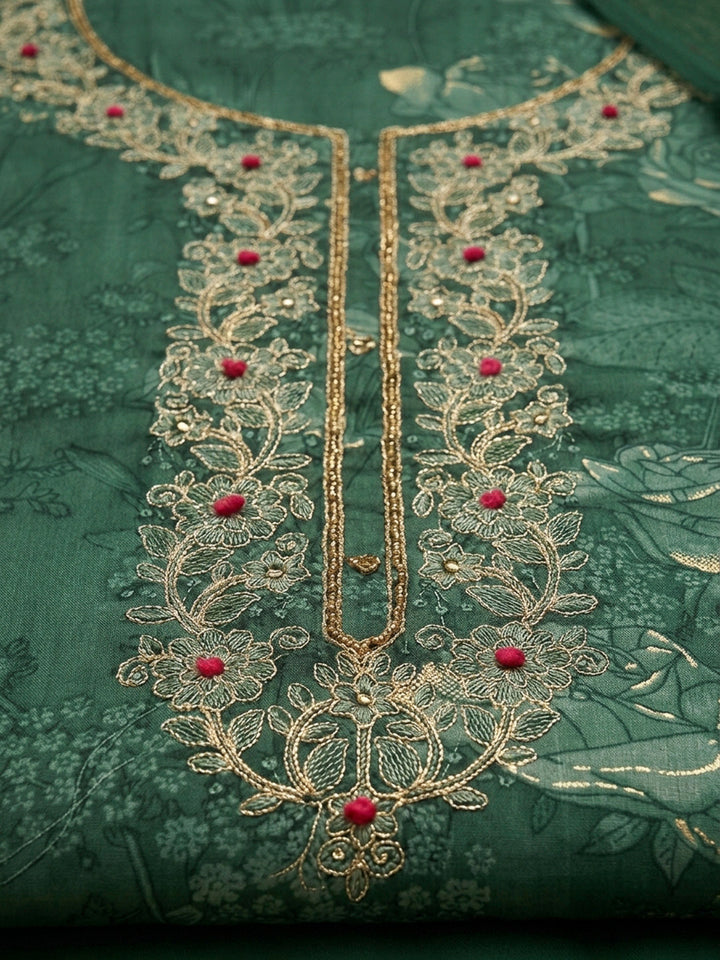 Bottle Green Embroidery Cotton Blend Unstitched Dress Material