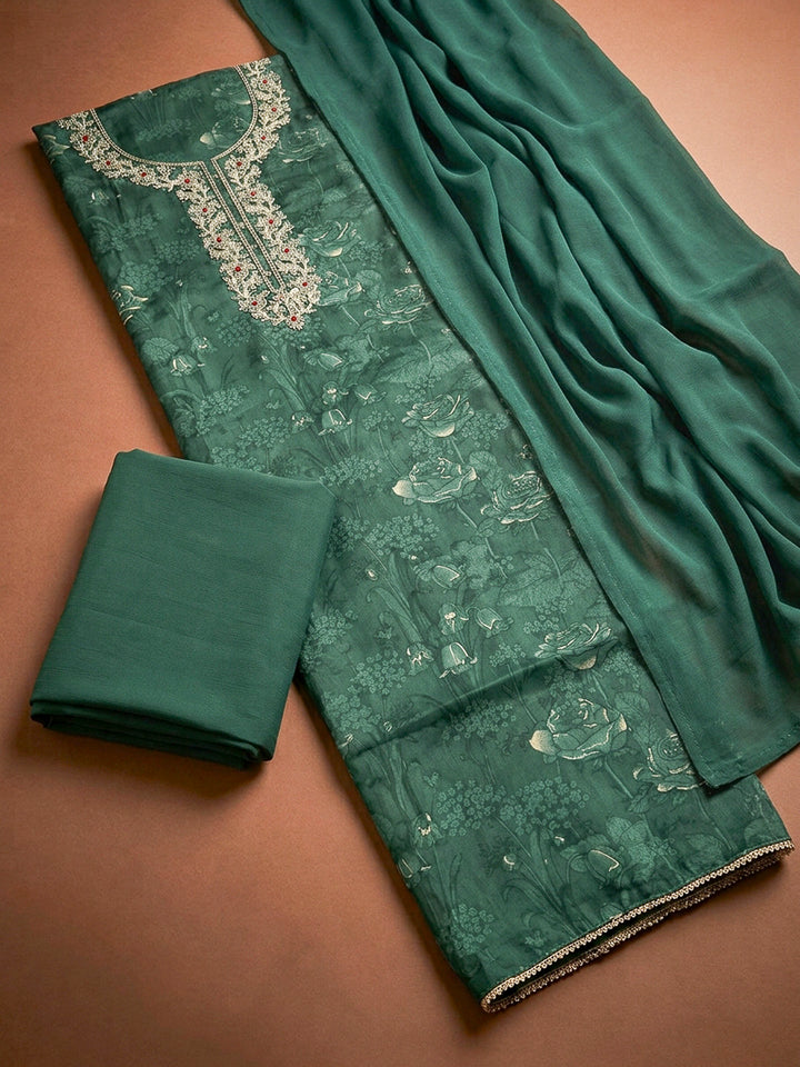 Bottle Green Embroidery Cotton Blend Unstitched Dress Material