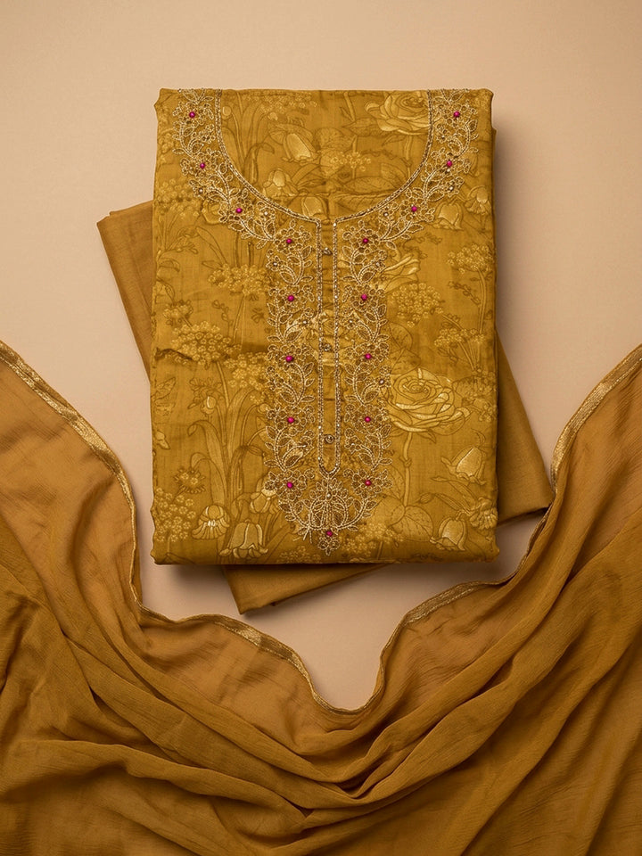 Mustard Embroidery Cotton Blend Unstitched Dress Material