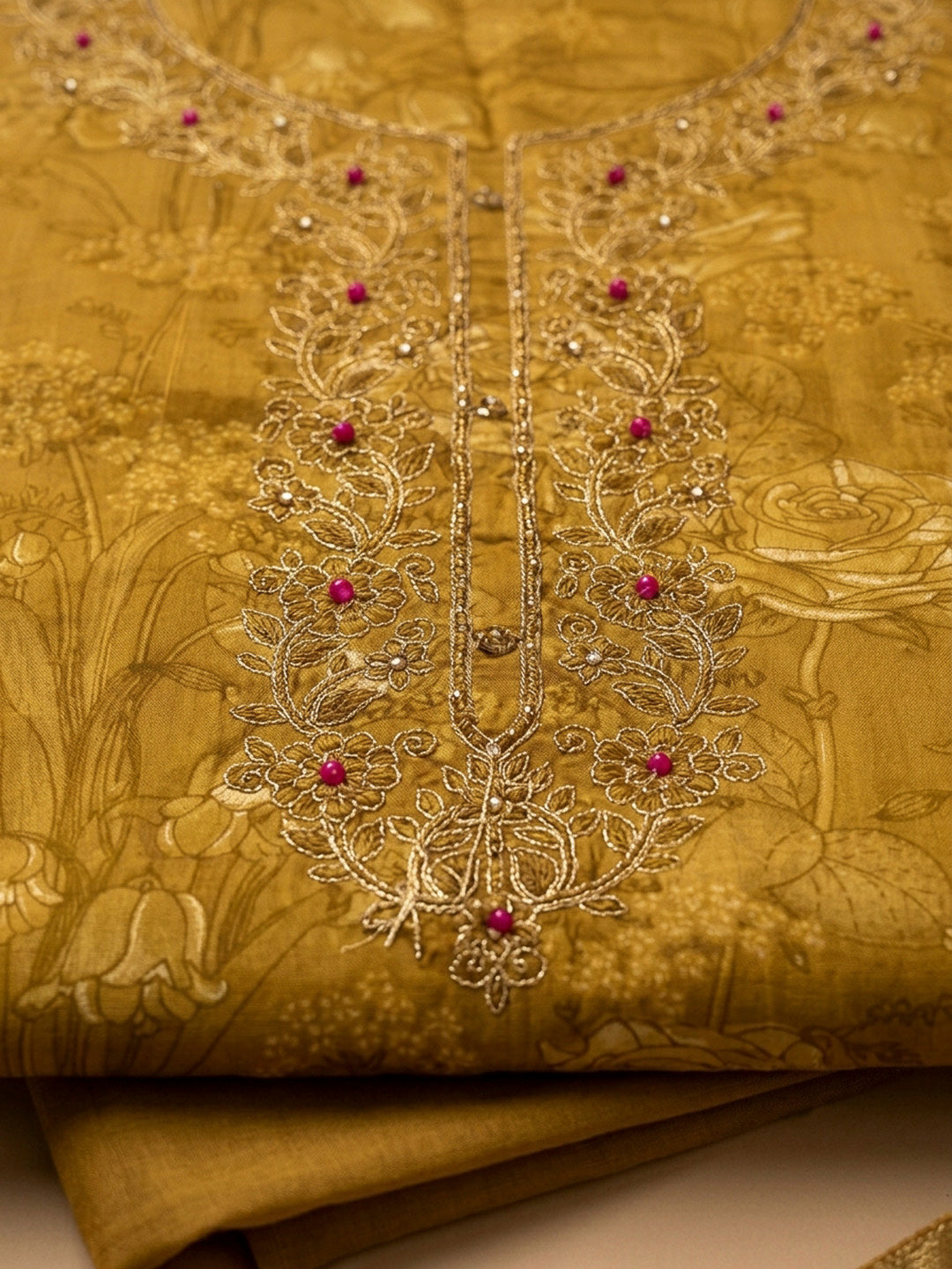 Mustard Embroidery Cotton Blend Unstitched Dress Material
