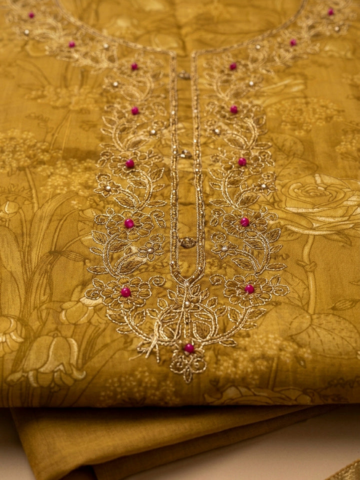 Mustard Embroidery Cotton Blend Unstitched Dress Material
