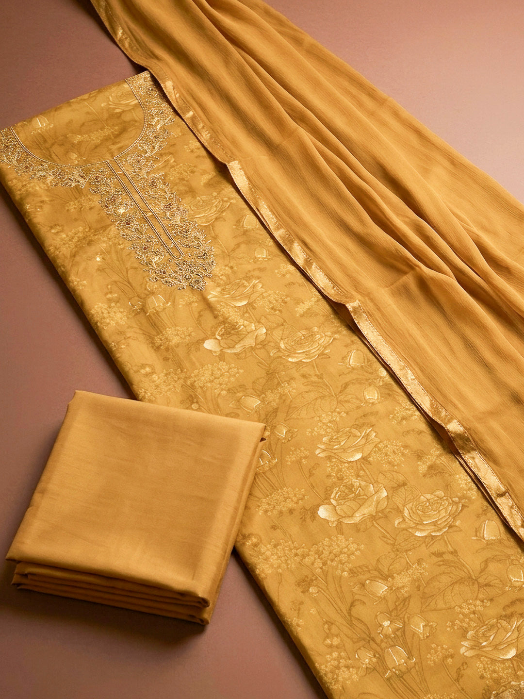 Mustard Embroidery Cotton Blend Unstitched Dress Material