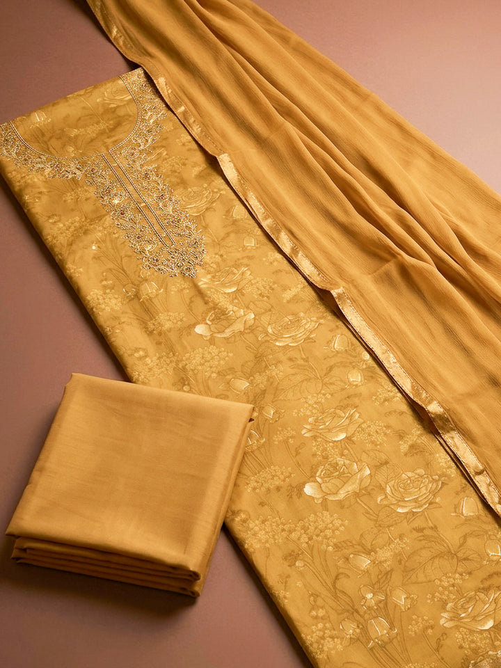 Mustard Embroidery Cotton Blend Unstitched Dress Material