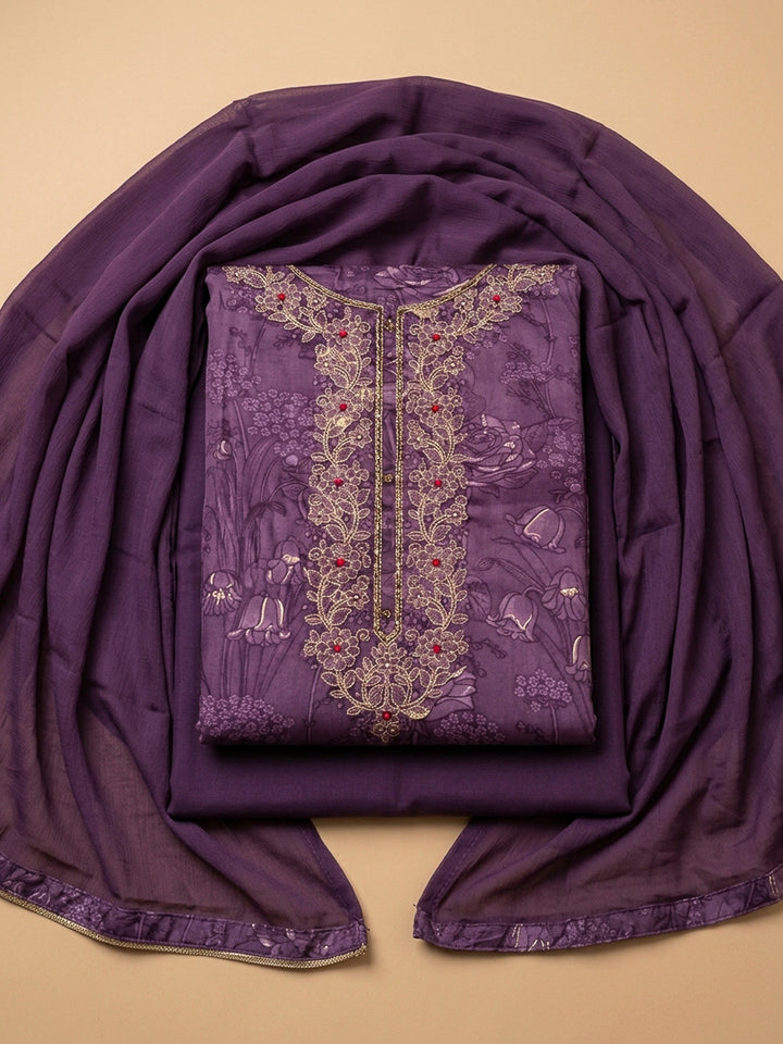 Purple Embroidery Cotton Blend Unstitched Dress Material