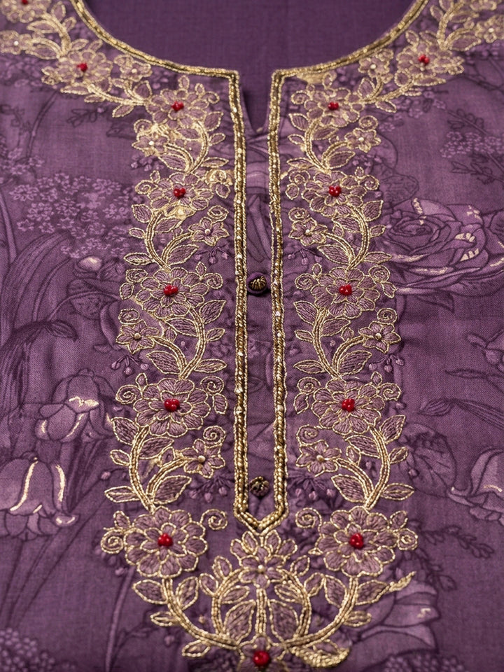 Purple Embroidery Cotton Blend Unstitched Dress Material