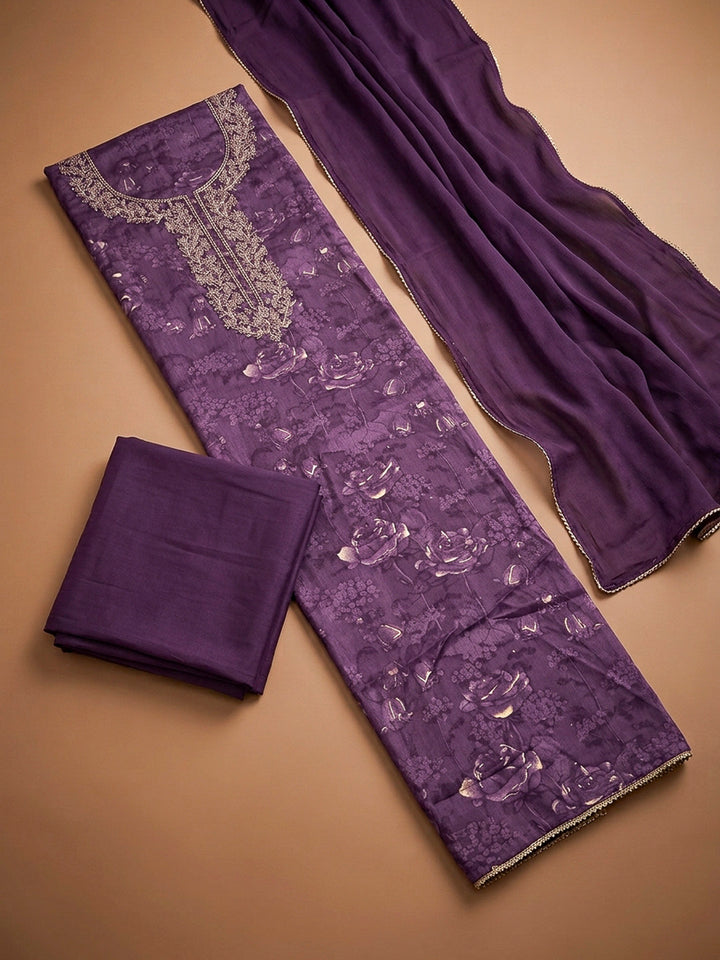Purple Embroidery Cotton Blend Unstitched Dress Material