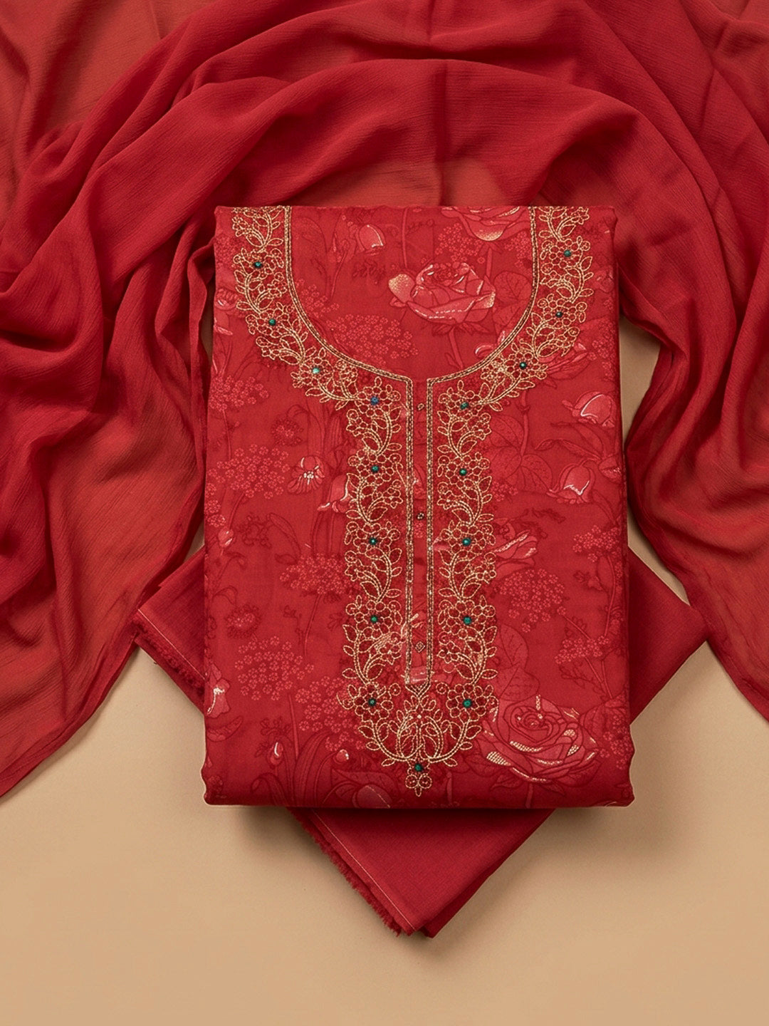 Red Embroidery Cotton Blend Unstitched Dress Material