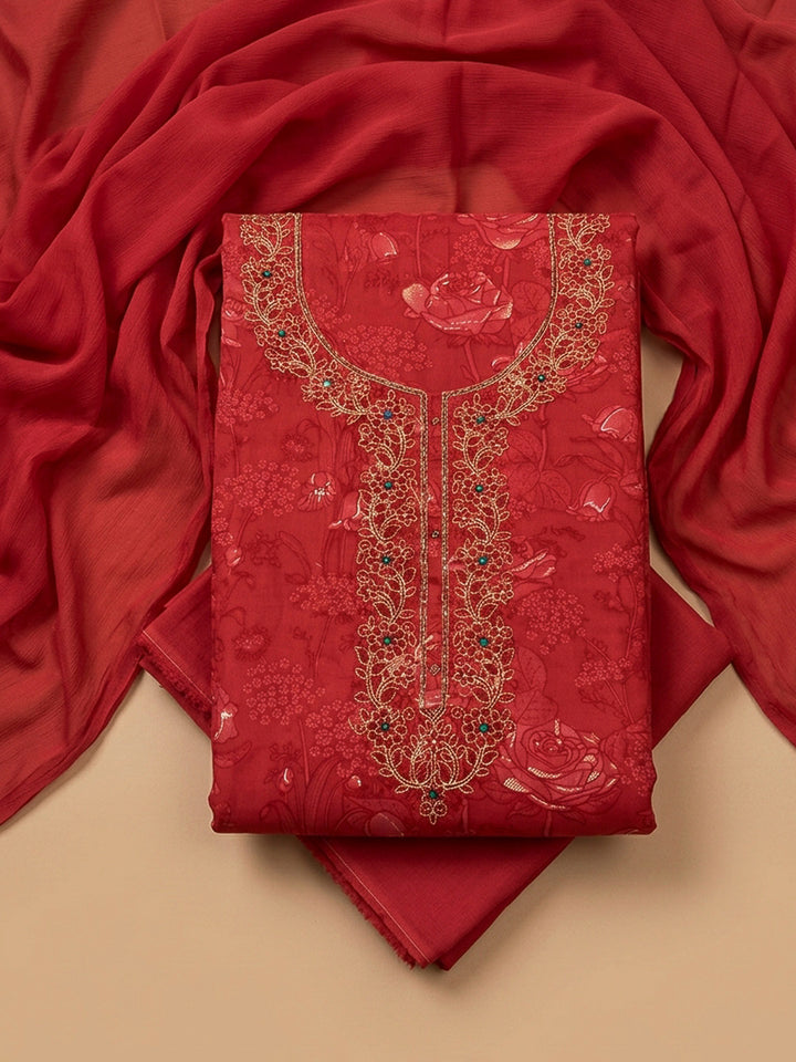 Red Embroidery Cotton Blend Unstitched Dress Material