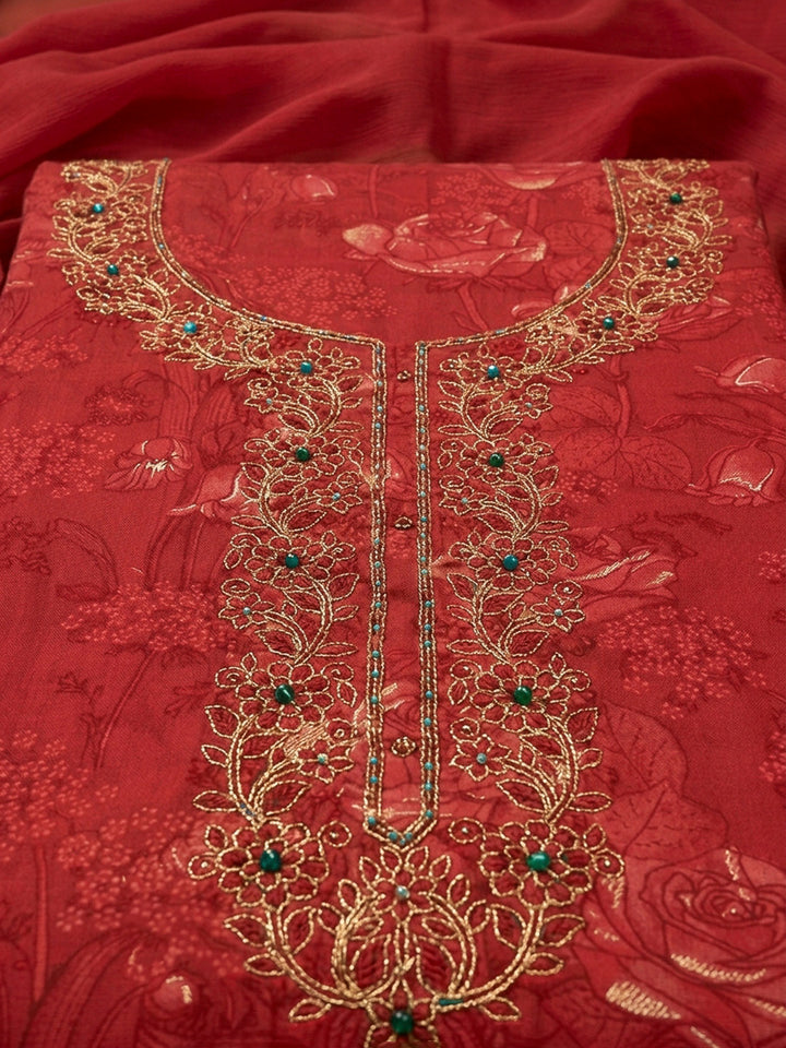 Red Embroidery Cotton Blend Unstitched Dress Material