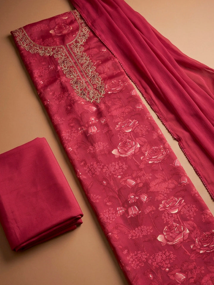Red Embroidery Cotton Blend Unstitched Dress Material