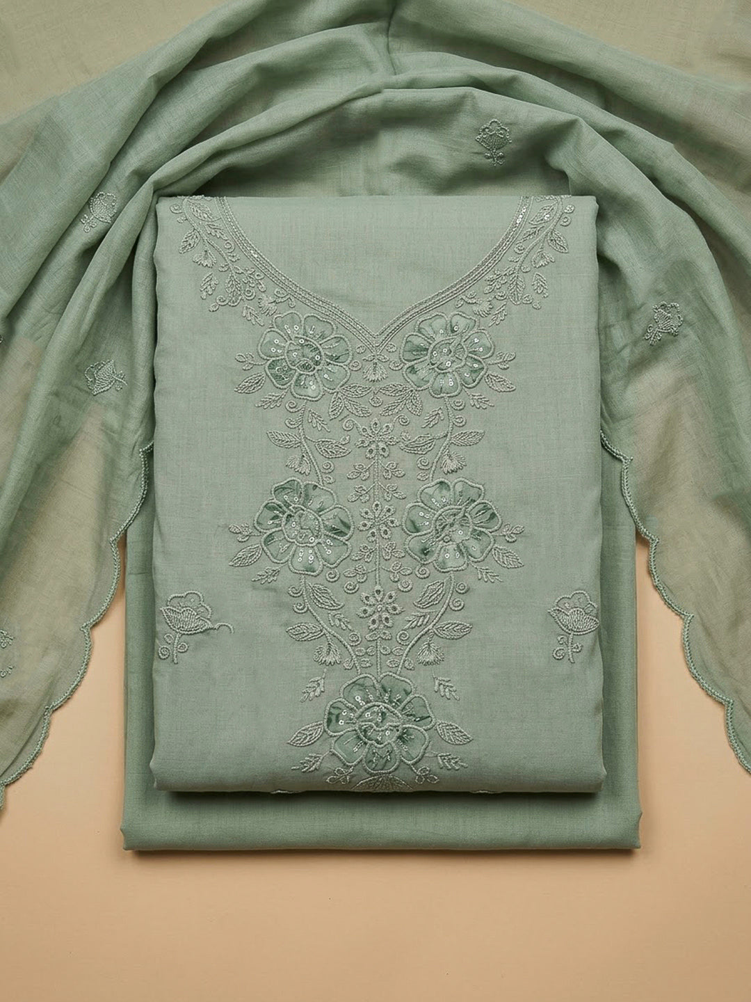 Aqua Green Cotton Blend Embroidered Unstitched Dress Material