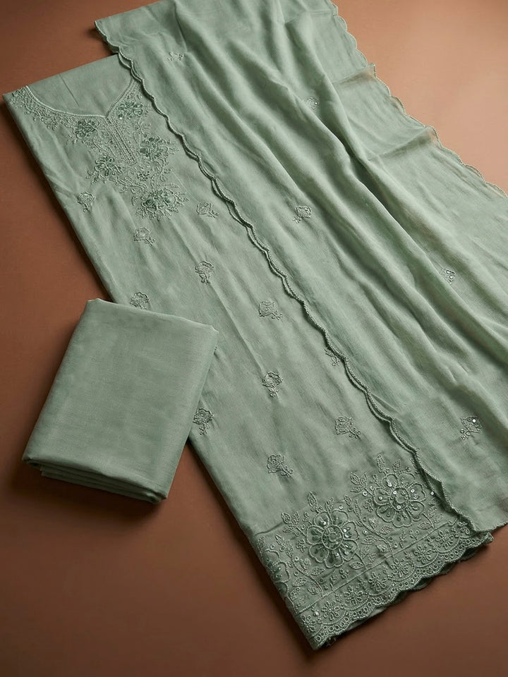 Aqua Green Cotton Blend Embroidered Unstitched Dress Material