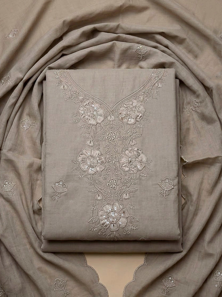 Chikoo Cotton Blend Embroidered Unstitched Dress Material