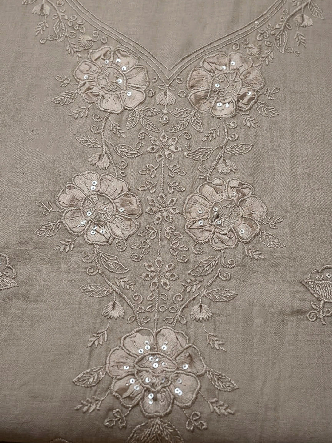 Chikoo Cotton Blend Embroidered Unstitched Dress Material