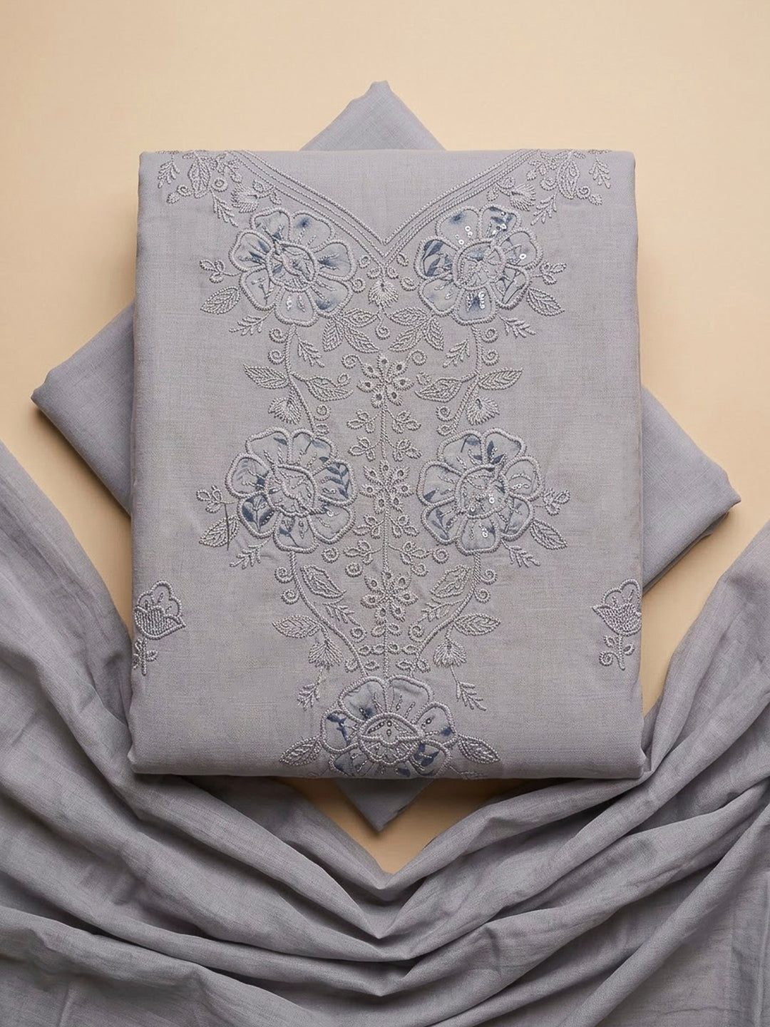 Grey Cotton Blend Embroidered Unstitched Dress Material