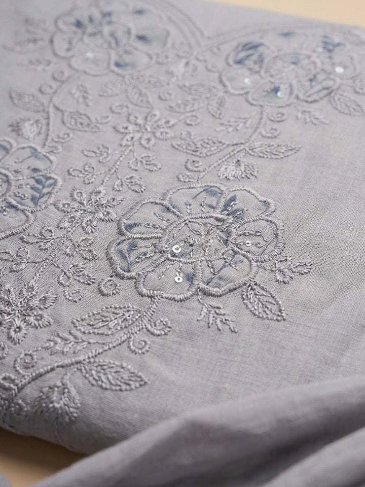 Grey Cotton Blend Embroidered Unstitched Dress Material