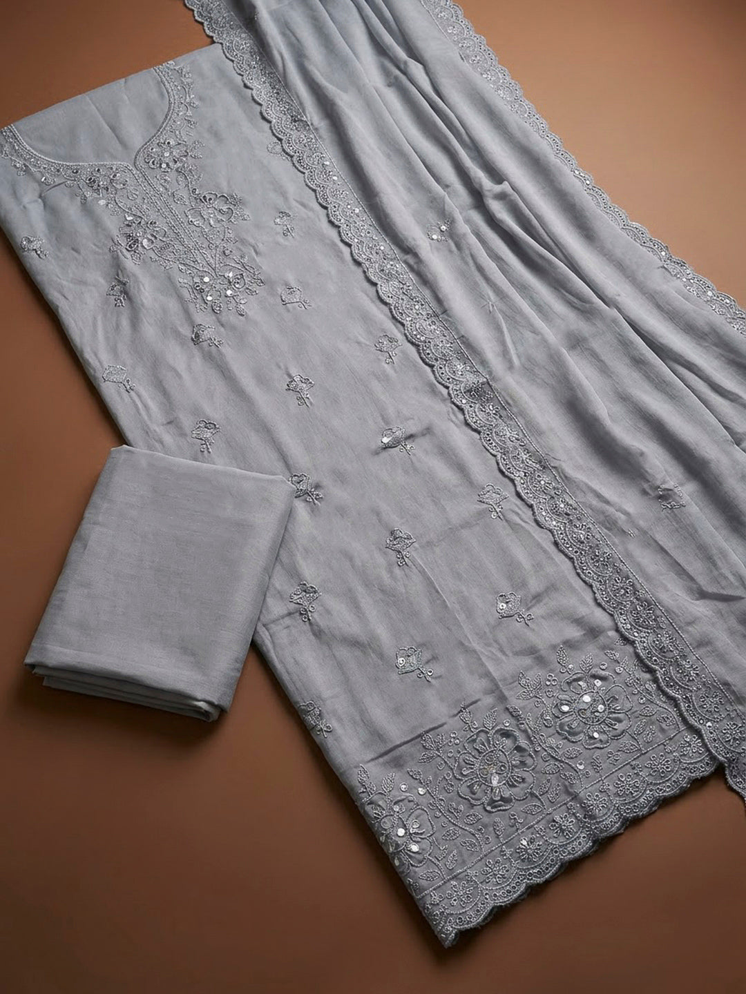 Grey Cotton Blend Embroidered Unstitched Dress Material