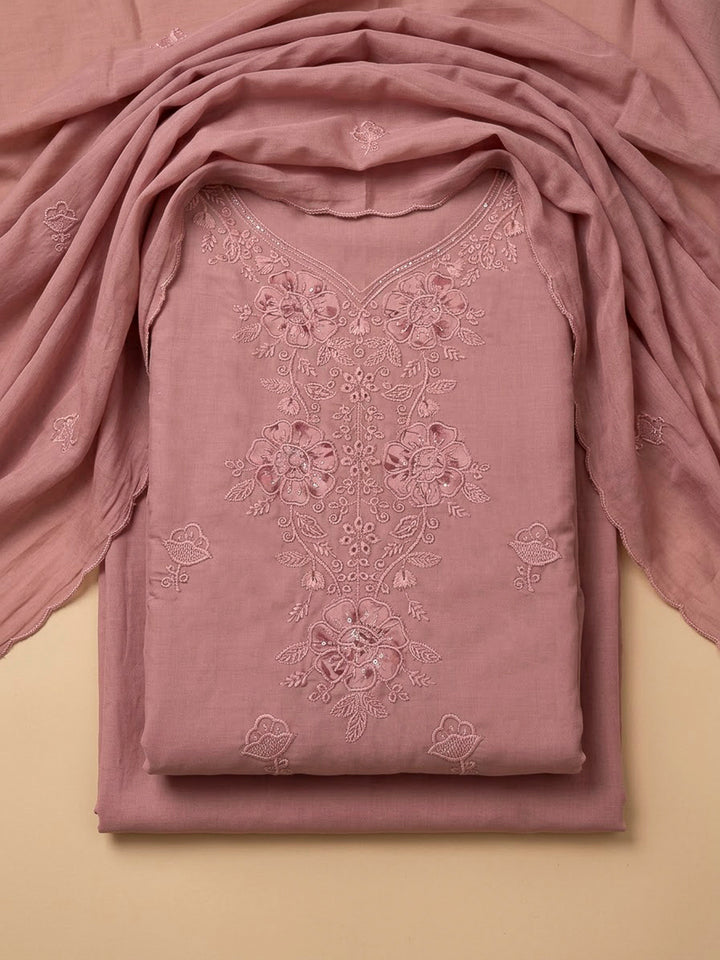 Peach Cotton Blend Embroidered Unstitched Dress Material