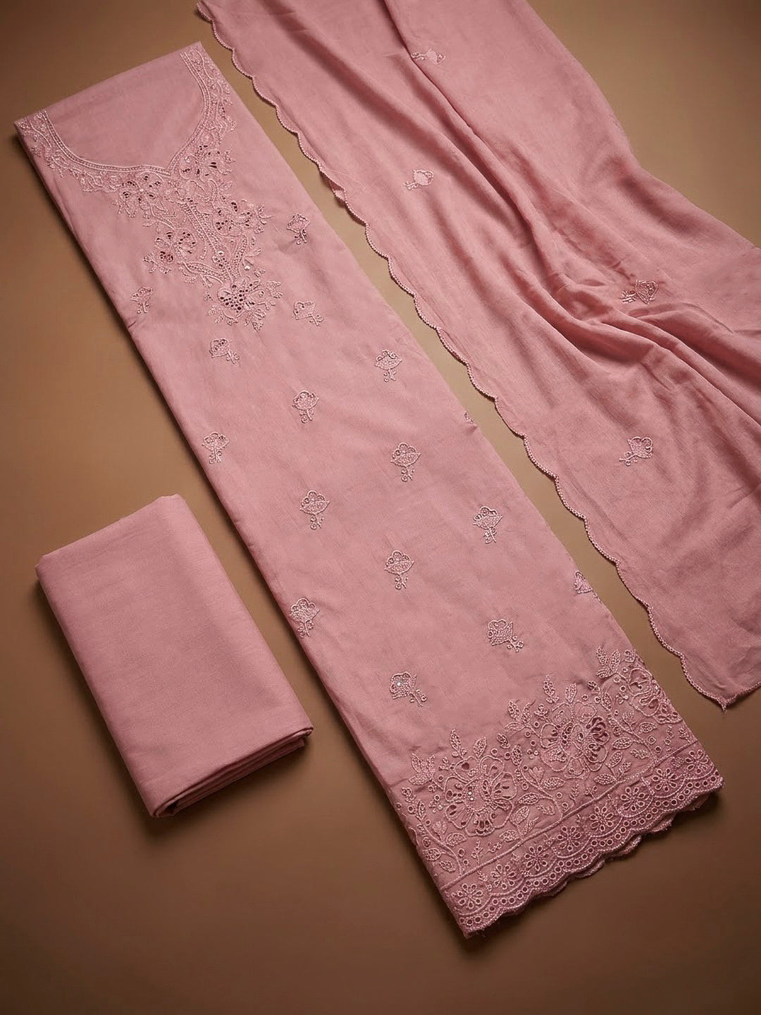 Peach Cotton Blend Embroidered Unstitched Dress Material