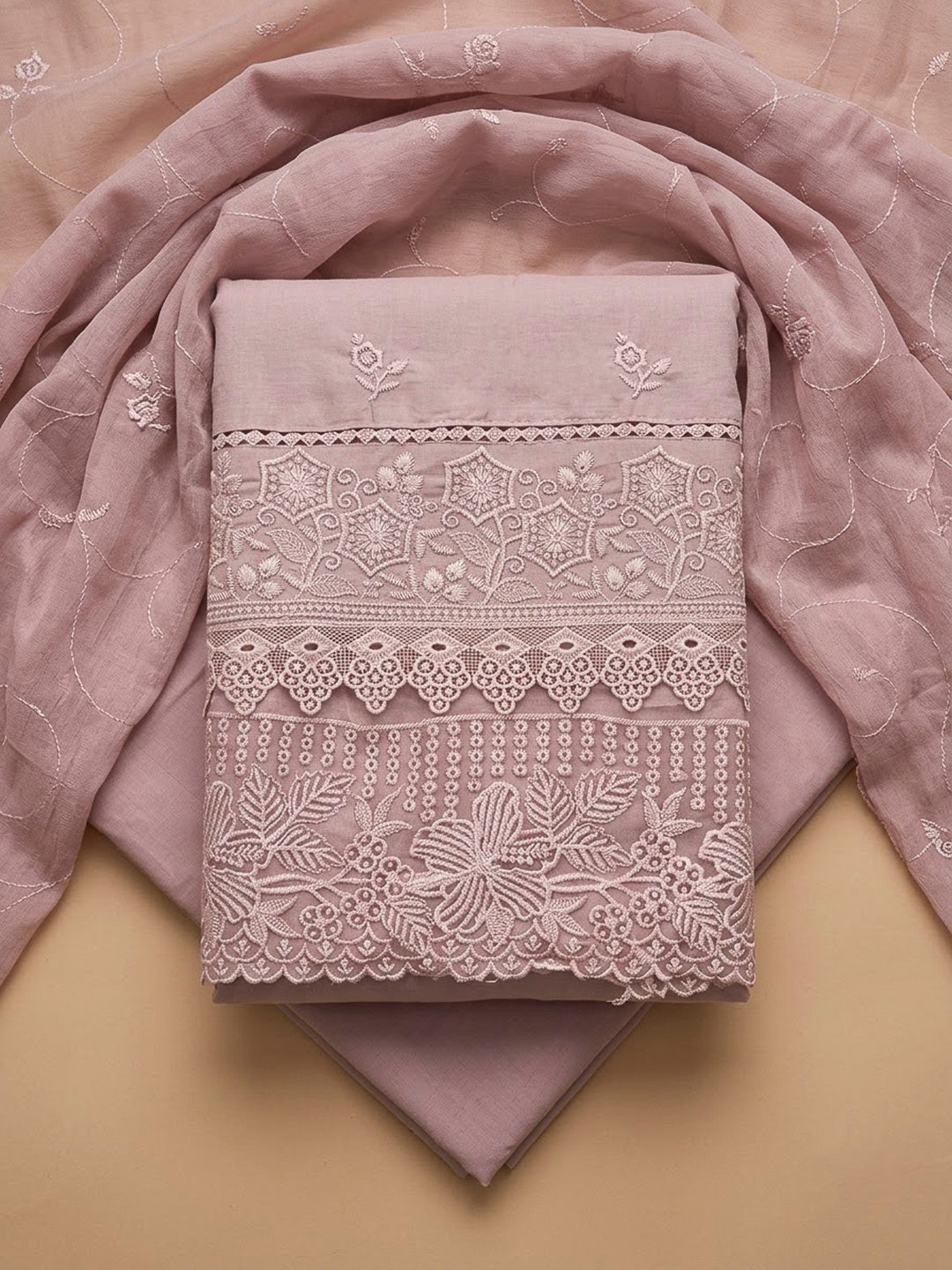 Onion Pink Cotton Blend Embroidered Unstitched Dress Material