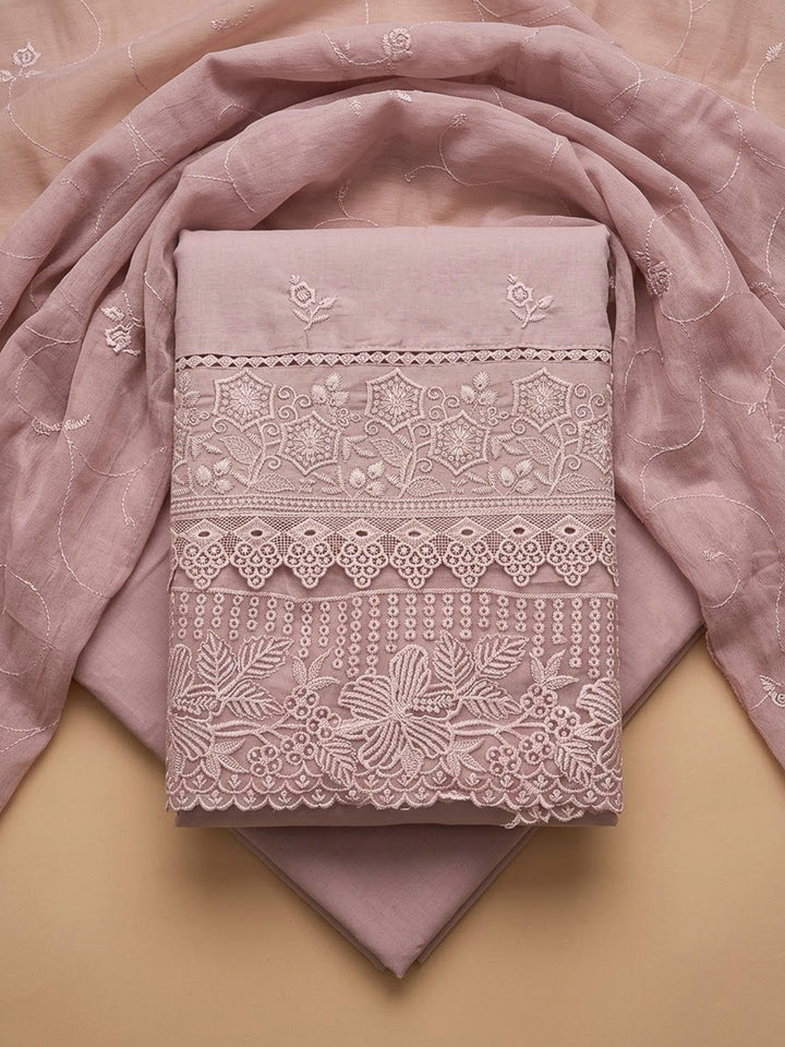 Onion Pink Cotton Blend Embroidered Unstitched Dress Material