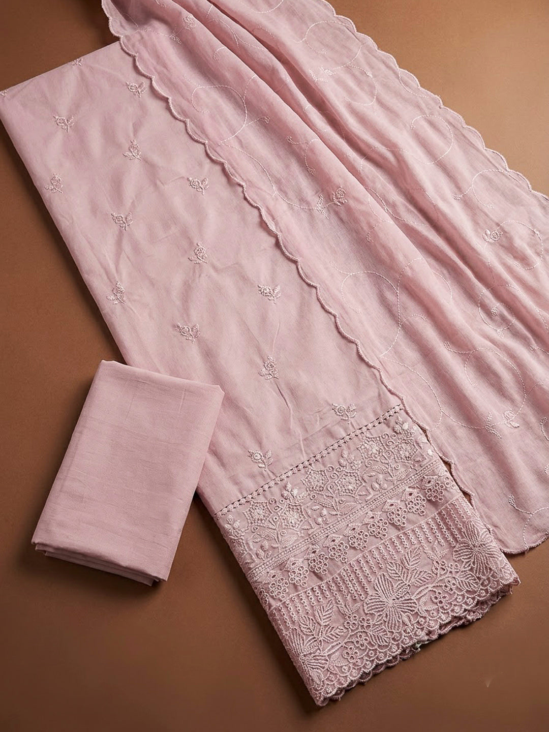 Onion Pink Cotton Blend Embroidered Unstitched Dress Material