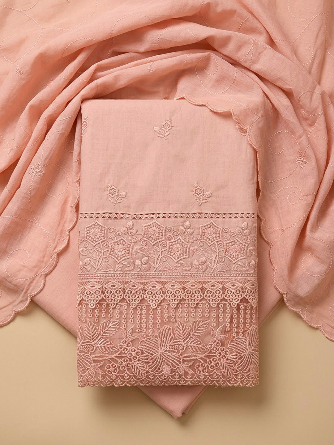 Peach Cotton Blend Embroidered Unstitched Dress Material