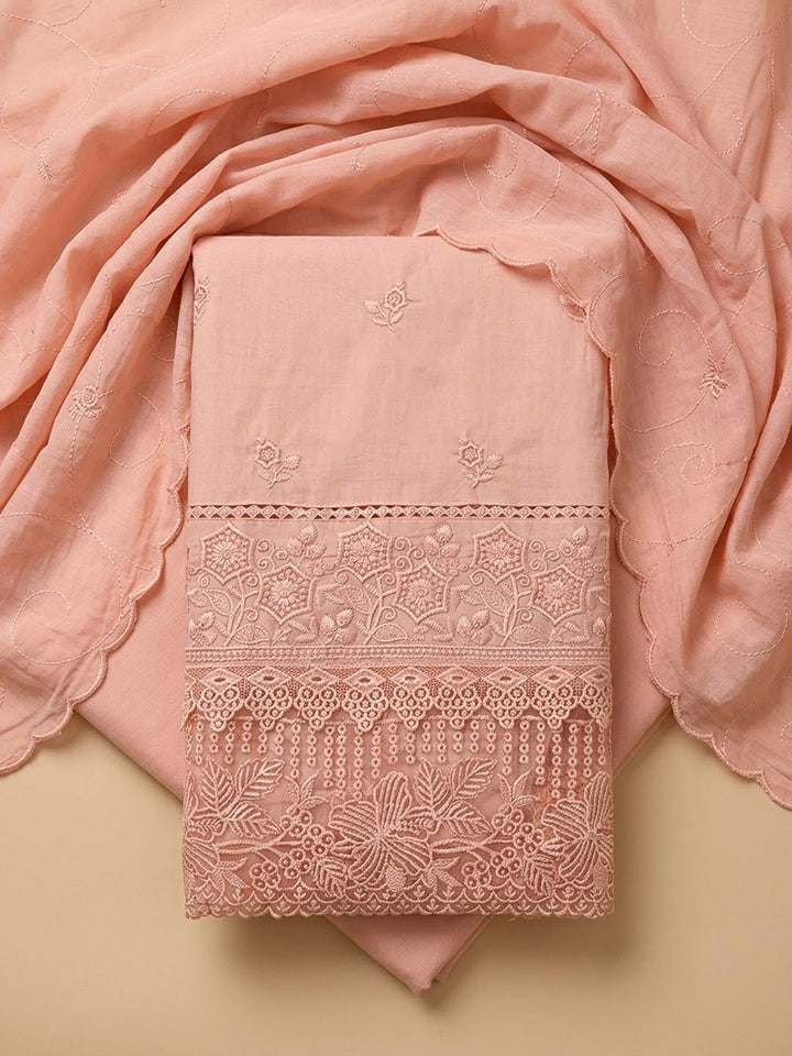 Peach Cotton Blend Embroidered Unstitched Dress Material