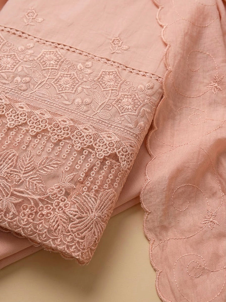 Peach Cotton Blend Embroidered Unstitched Dress Material