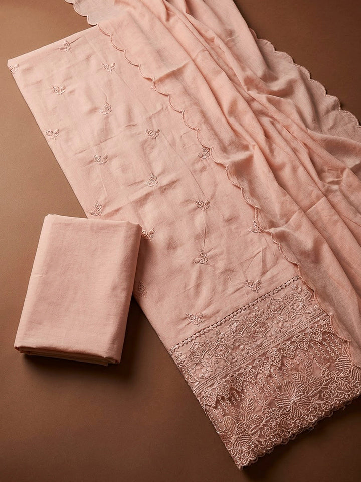 Peach Cotton Blend Embroidered Unstitched Dress Material