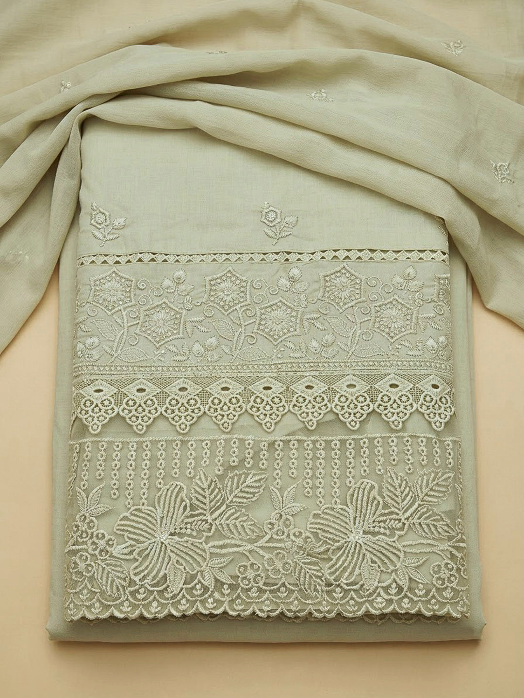 Pista Green Cotton Blend Embroidered Unstitched Dress Material