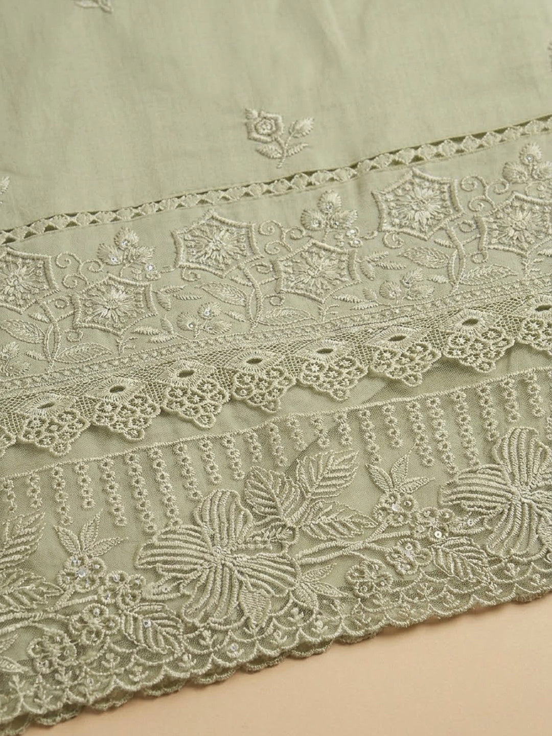 Pista Green Cotton Blend Embroidered Unstitched Dress Material
