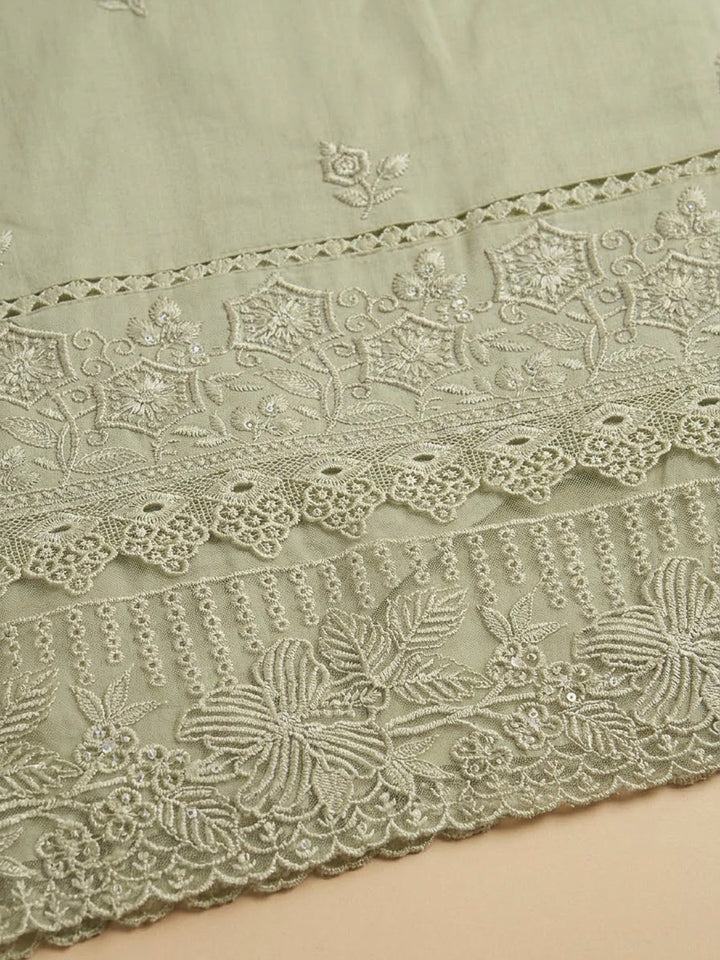 Pista Green Cotton Blend Embroidered Unstitched Dress Material