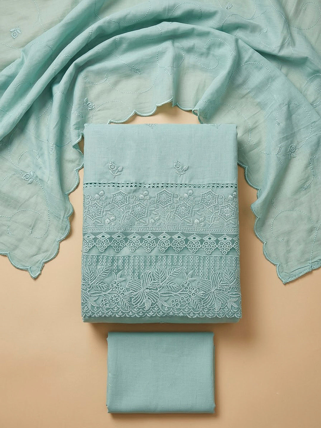 Sky Blue Cotton Blend Embroidered Unstitched Dress Material
