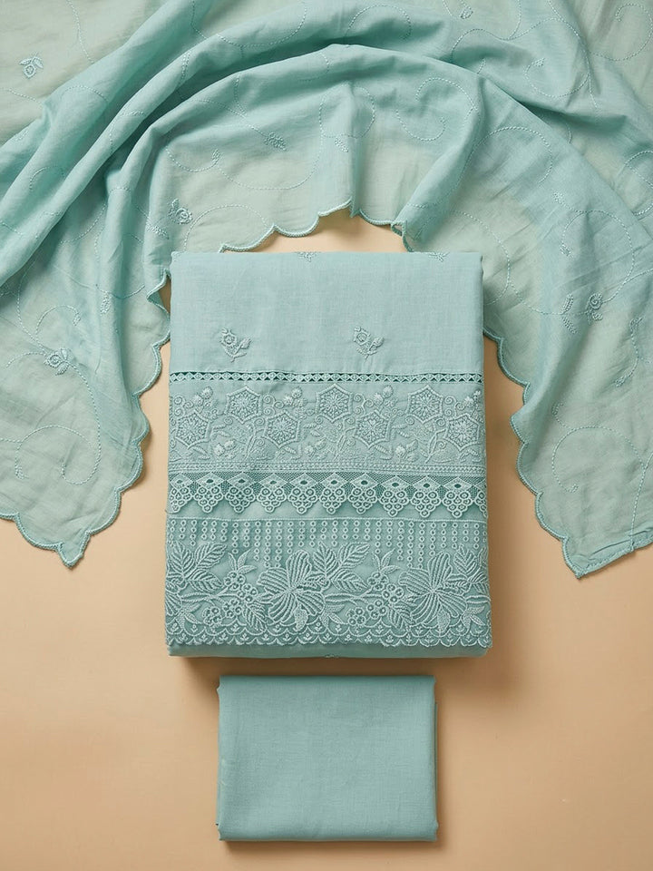 Sky Blue Cotton Blend Embroidered Unstitched Dress Material