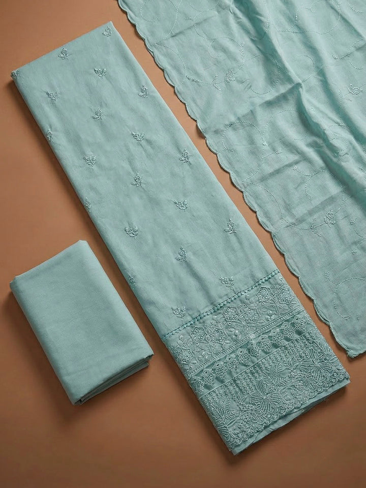 Sky Blue Cotton Blend Embroidered Unstitched Dress Material