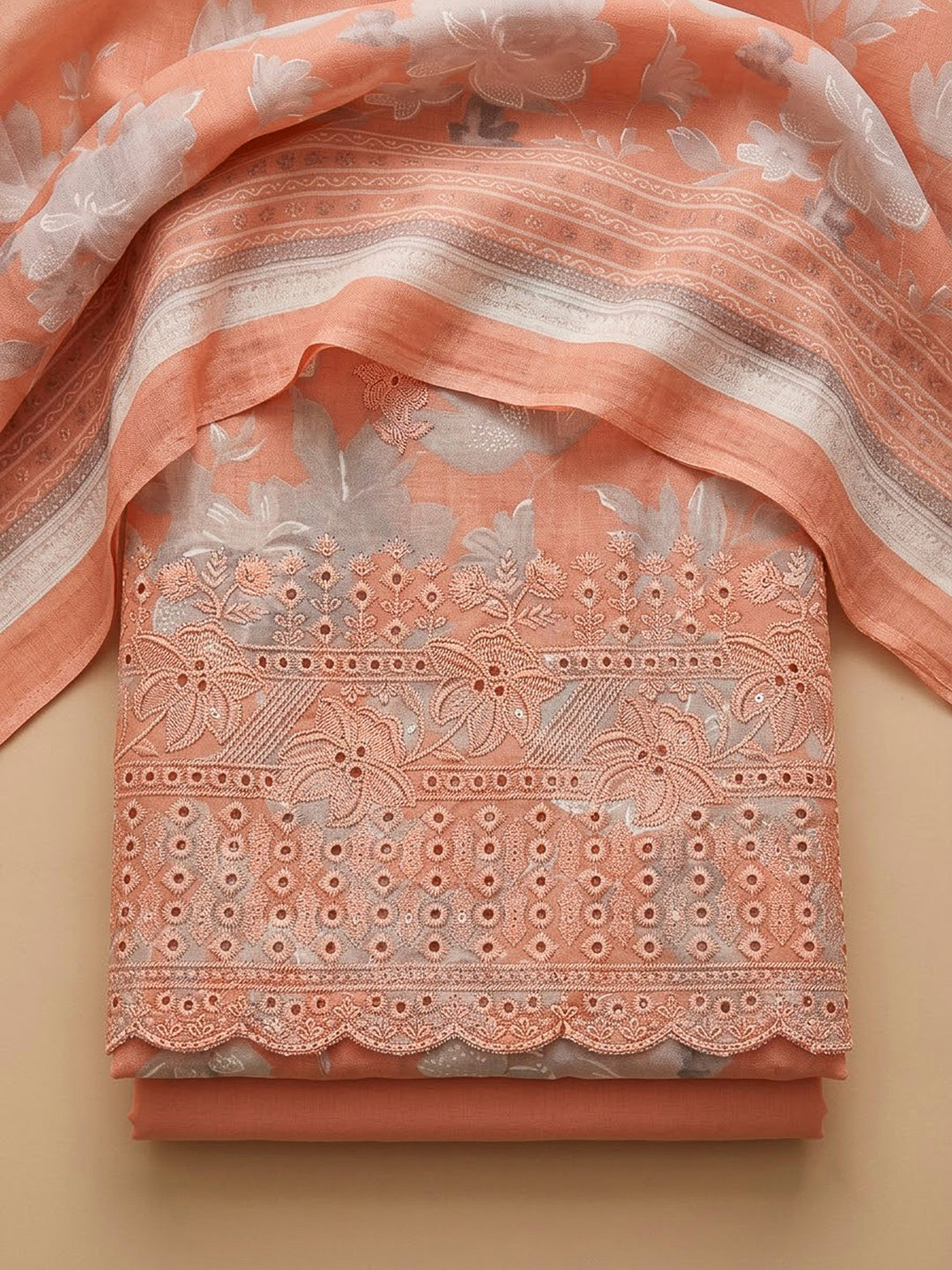 Peach Cotton Blend Printed Unstitched Dress Material