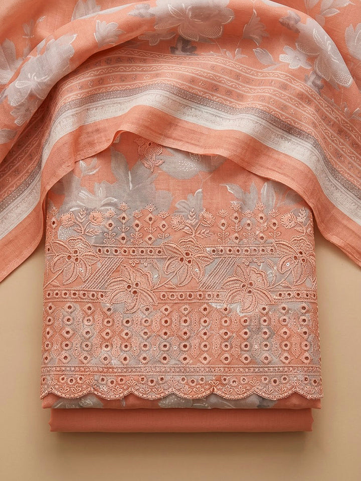 Peach Cotton Blend Printed Unstitched Dress Material