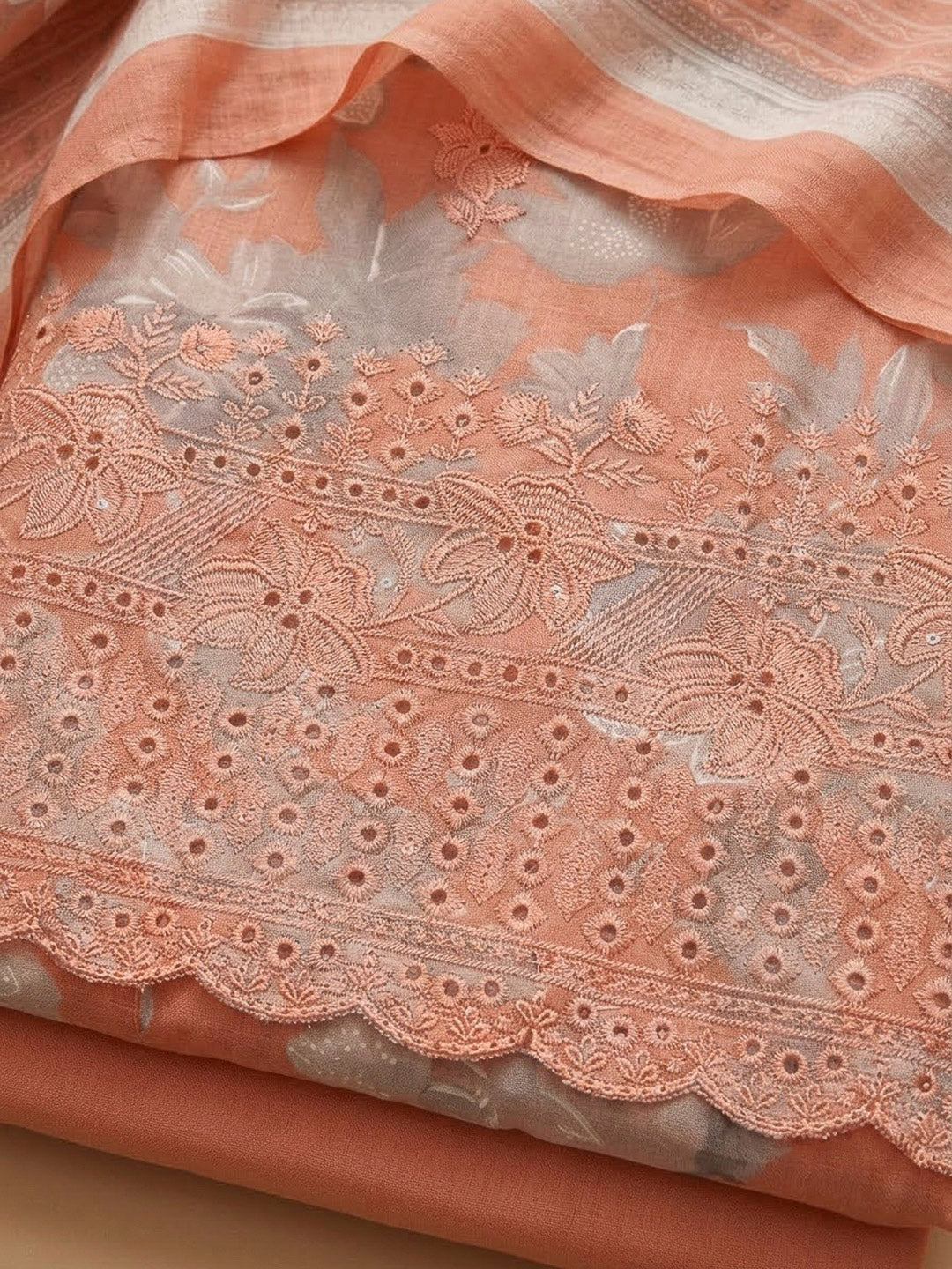 Peach Cotton Blend Printed Unstitched Dress Material