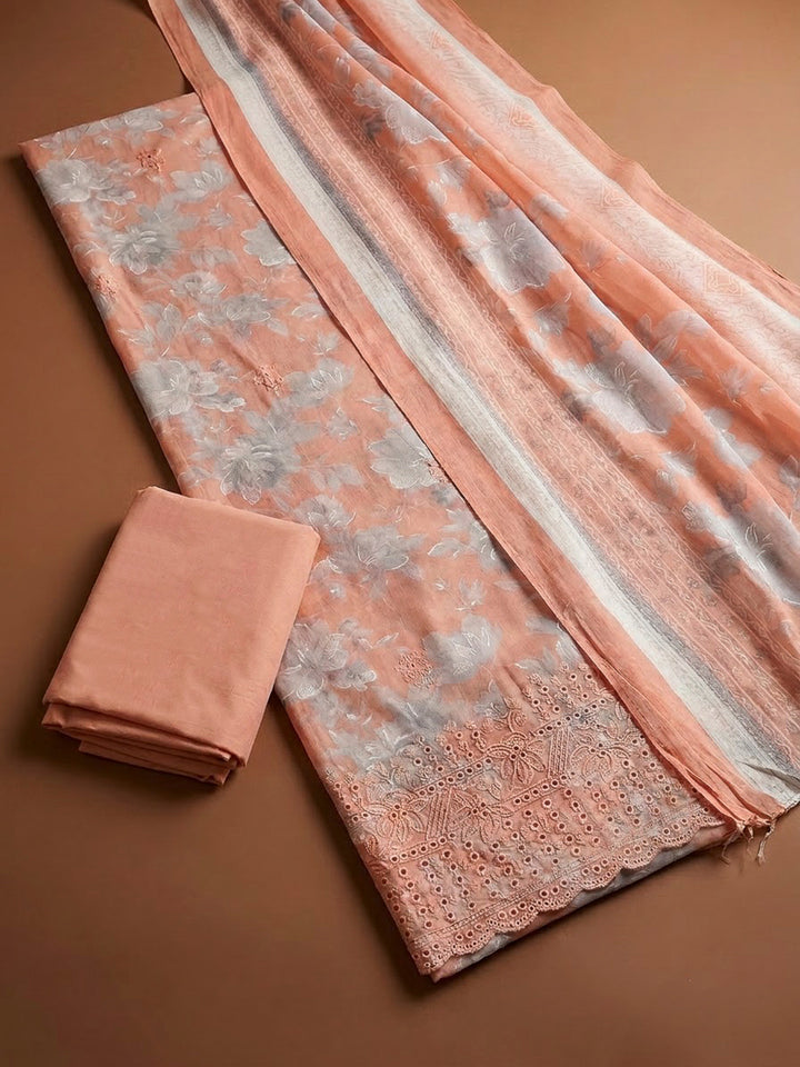 Peach Cotton Blend Printed Unstitched Dress Material